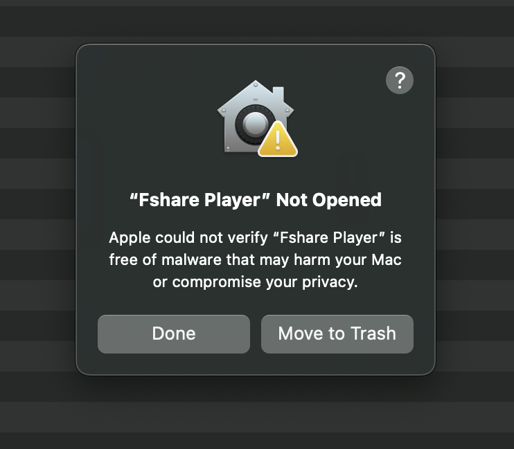 Hộp thoại macOS báo Fshare Player chưa được xác minh
