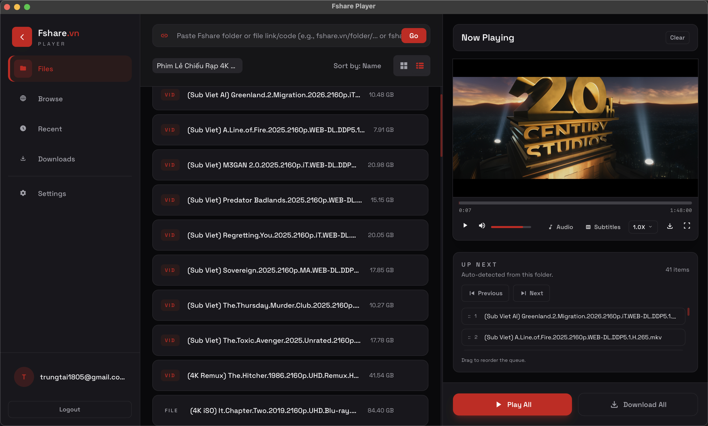 Màn hình quản lý file của Fshare Player